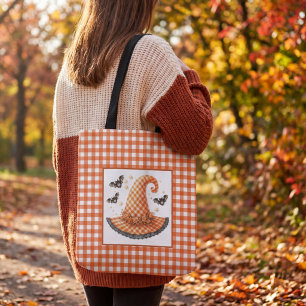 Tote Bag Chapeau de sorcière Halloween en vichy orange et c