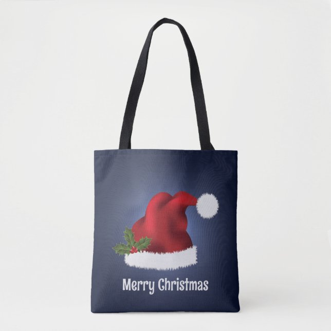 Tote Bag Chapeau rouge au Père Noël creux sur bleu (Devant)