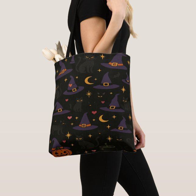 Tote Bag Chapeaux de sorcière et citrouilles d'Halloween  (De près)