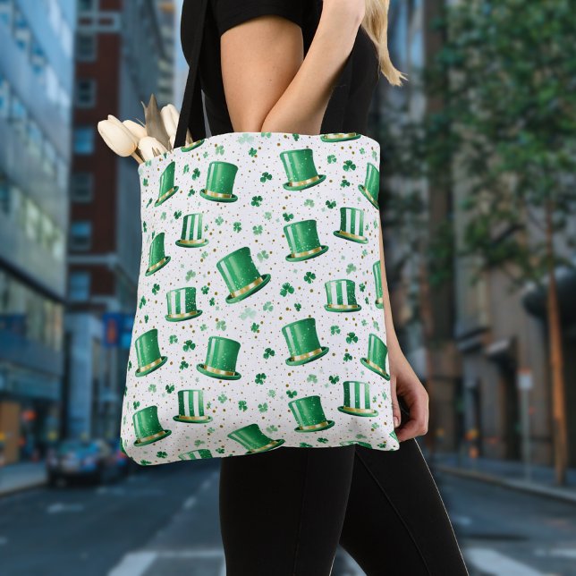 Tote Bag Chapeaux verts dorés de luxe et trèfles blancs (Créateur téléchargé)