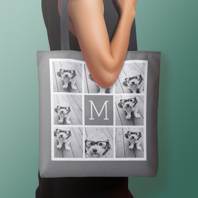 Tote Bag Charbon Blanc 8 Photo Collage Personnalisé Monogra (Personalized tote bag - add your name or other text)