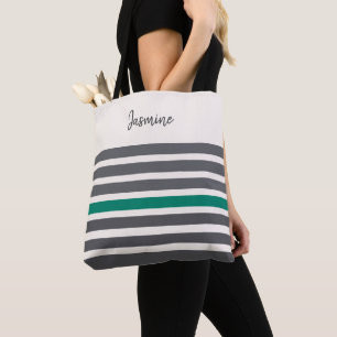 Tote Bag Charbon et vert rayures modernes nom personnalisé