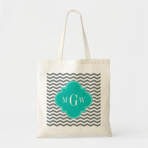 Tote Bag Charbon fin Chevron Turquoise Quatrefoil 3 Monogra
