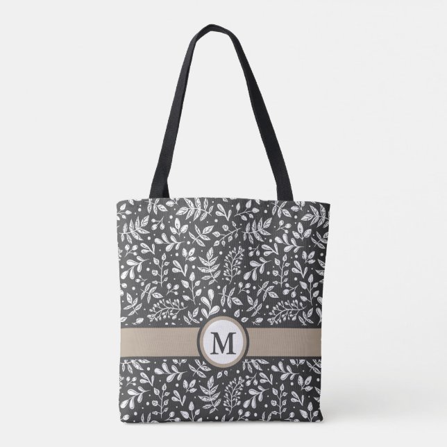 Tote Bag Charbon Rustique Botanique d'hiver avec Monogramme (Dos)