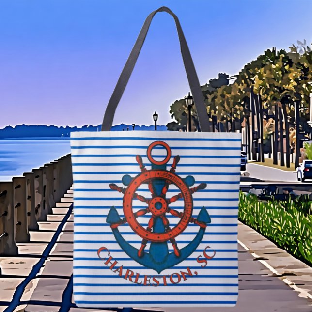 Tote Bag Charleston, SC Navire's Wheel and Ancre Striped (Créateur téléchargé)