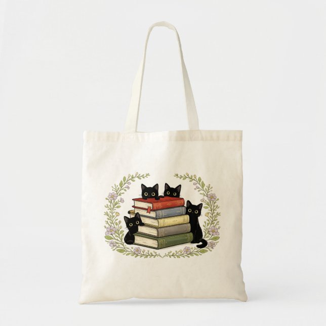 Tote Bag Charmant Art de Chat Noir avec Pile de Livres et C (Devant)