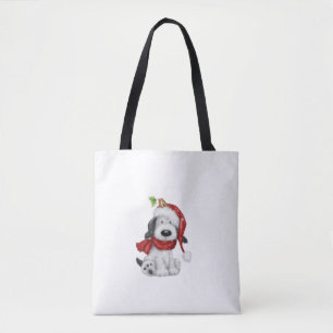 Tote Bag Charmant chien de Noël avec chapeau de Père Noël &