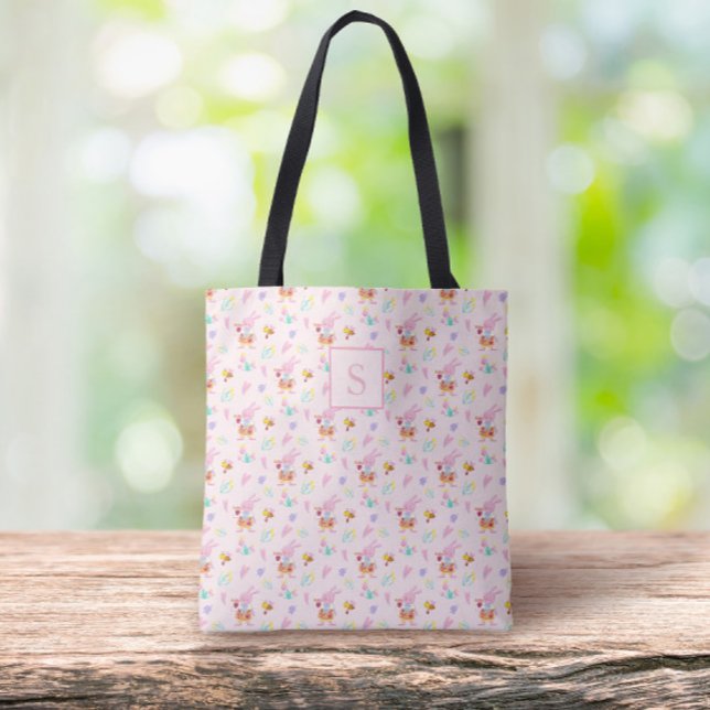Tote Bag charmant jardin de lapin rose pâle motif Monogram (Créateur téléchargé)