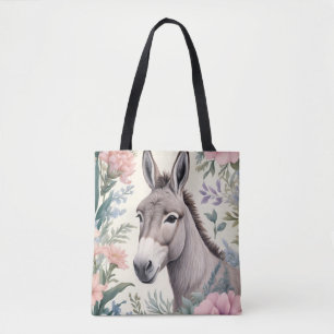 Tote Bag Charmante Donkey Pastel Fleurs Ferme Animal