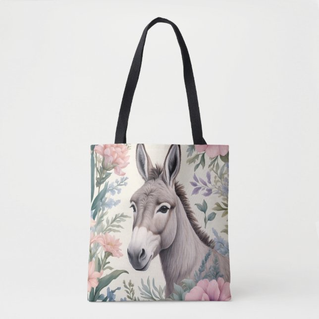 Tote Bag Charmante Donkey Pastel Fleurs Ferme Animal (Devant)