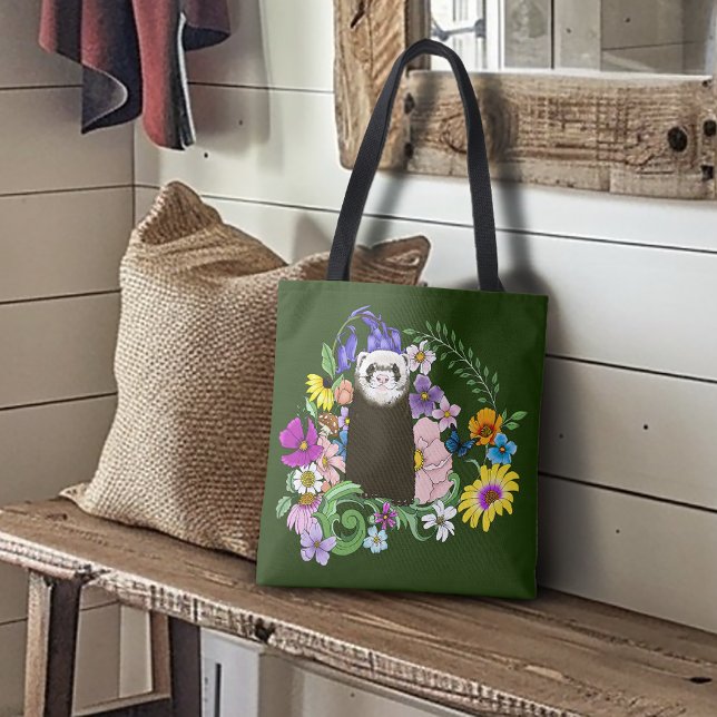 Tote Bag Charme Chocolat Sable Ferret Floral Vert (Créateur téléchargé)