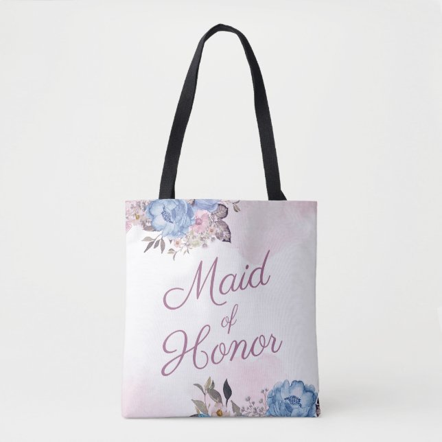 Tote Bag Charme parisien Bleu & Rose Floral Maid of Honor (Devant)