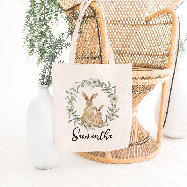 Tote Bag Chasse aux oeufs de lapin de Pâques sur mesure Joy (cute easter bunny tote bag personalised with your egg hunt kids name)