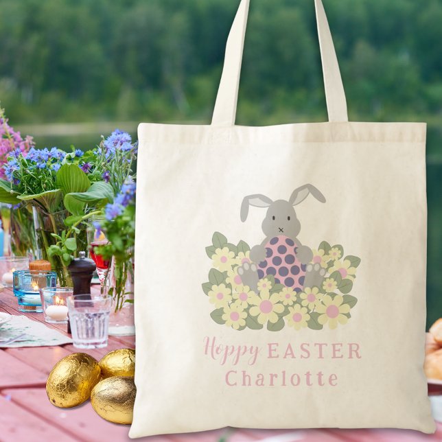 Tote Bag Chasse aux oeufs de Pâques Hoppy Bunny Floral (Personalized girls name Easter egg hunt cute bunny daisy floral pink tote bag)