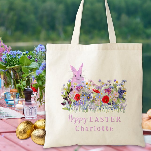 Tote Bag Chasse aux oeufs de Pâques Hoppy Chasse aux lapins (Personalized girl name easter egg hunt cute pink bunny wildflower meadow floral garden party tote )