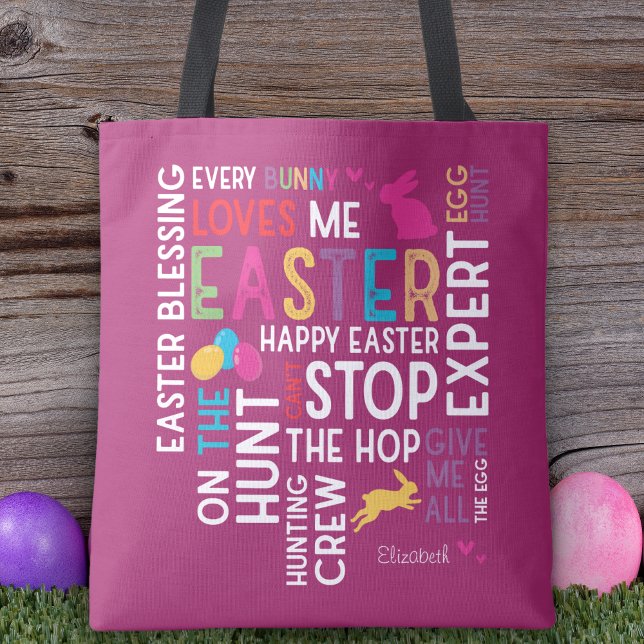 Tote Bag Chasse aux oeufs de Pâques Mot Cloud avec le nom d (Créateur téléchargé)