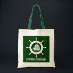 Tote Bag Chasseur Green & White Bateau nautique roue<br><div class="desc">Illustration simple de roue de bateau nautique en blanc sur chasseur personnalisé arrière - plan vert avec nom de capitaine personnalisable.</div>