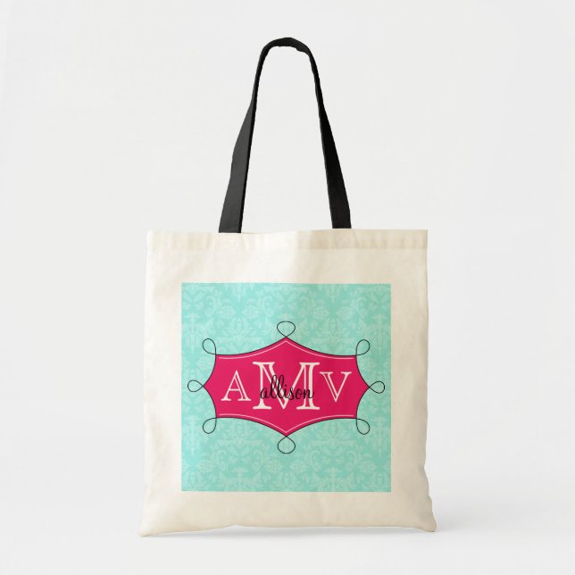 Tote Bag Châssis de Doodle Rose Chaud Damask Nom du monogra (Devant)
