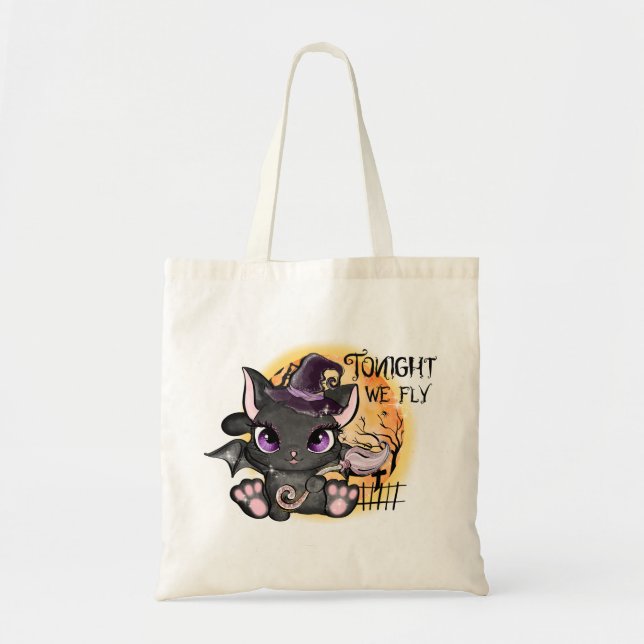 Tote Bag Chat à sorcière noire | Chat d'Halloween (Devant)