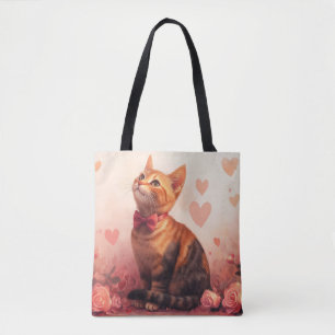 Tote Bag Chat abyssinien avec Rose - Saint Valentin
