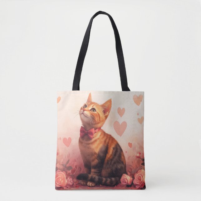 Tote Bag Chat abyssinien avec Rose - Saint Valentin (Devant)