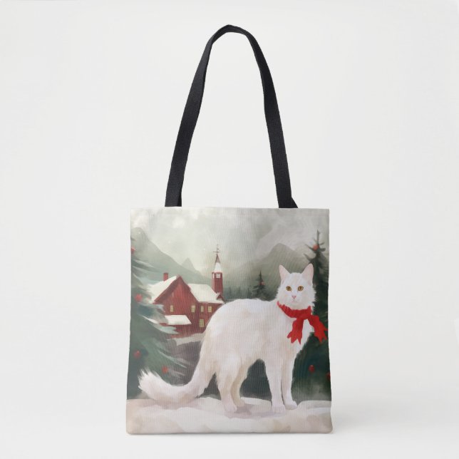 Tote Bag Chat angora turc dans la neige de Noël (Devant)