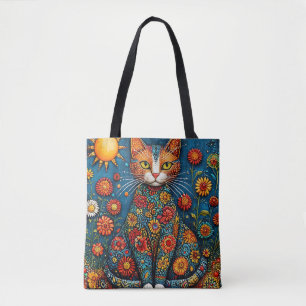 Tote Bag Chat au corps floral entouré de fleurs