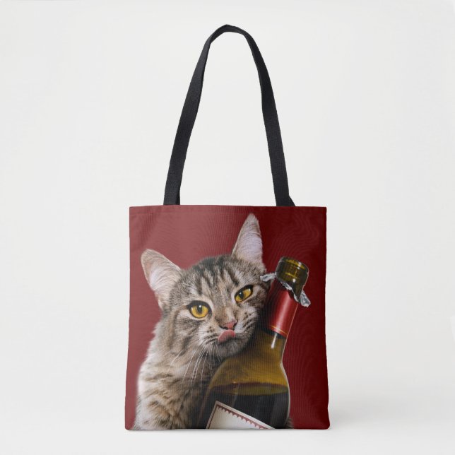 Tote Bag Chat Avec Bouteille De Vin (Devant)