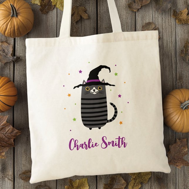 Tote Bag Chat avec casquette sorcier et nom mignon Hallowee (Cat with witch hat and name cute Halloween Tote Bag)