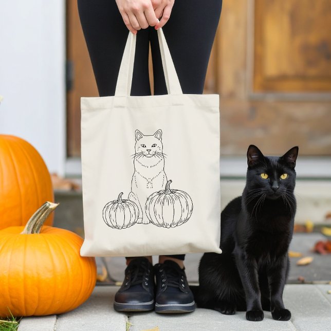 Tote Bag Chat Avec Deux Citrouilles Ligne Art Mignonne Hall (Disclaimer: This image is a digital mockup.)