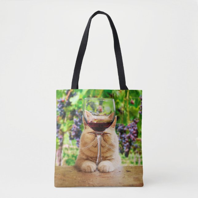 Tote Bag Chat avec verre de vin (Devant)