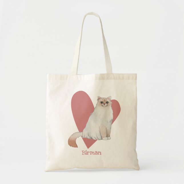 Tote Bag Chat Birman Aquarelle Kitty Coeur rose (Devant)