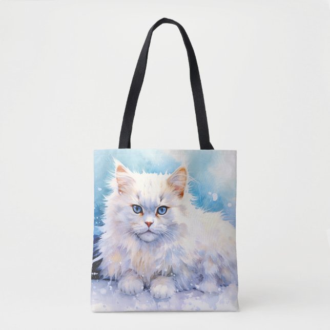 Tote Bag Chat blanc à la neige (Devant)