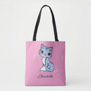 Tote Bag Chat bleu mignon sur nom personnalisé rose