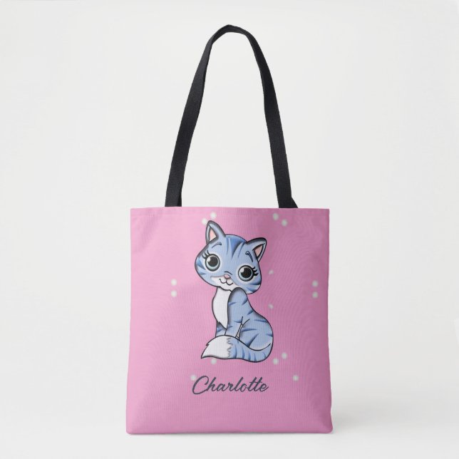 Tote Bag Chat bleu mignon sur nom personnalisé rose (Devant)