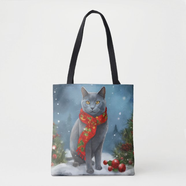 Tote Bag Chat Bleu Russe à Noël sous la neige (Devant)