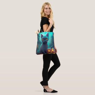 Tote Bag Chat bleu russe d'Halloween avec la peur Citrouill