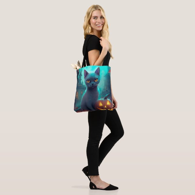 Tote Bag Chat bleu russe d'Halloween avec la peur Citrouill (Sur le modèle)