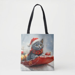 Tote Bag Chat Bleu Russe en Luge 'Qu'il neige' Noël