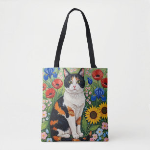 Tote Bag Chat calicot et tournesols d'art populaire