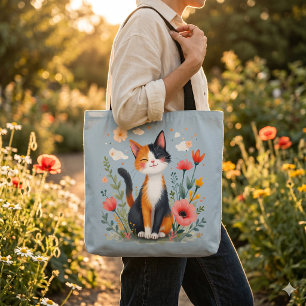 Tote Bag Chat calicot souriant dans un jardin en fleurs