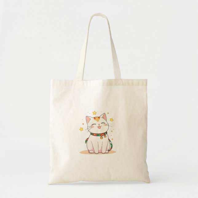 Tote Bag Chat Chanceux avec Étoiles Design Kawaii (Devant)