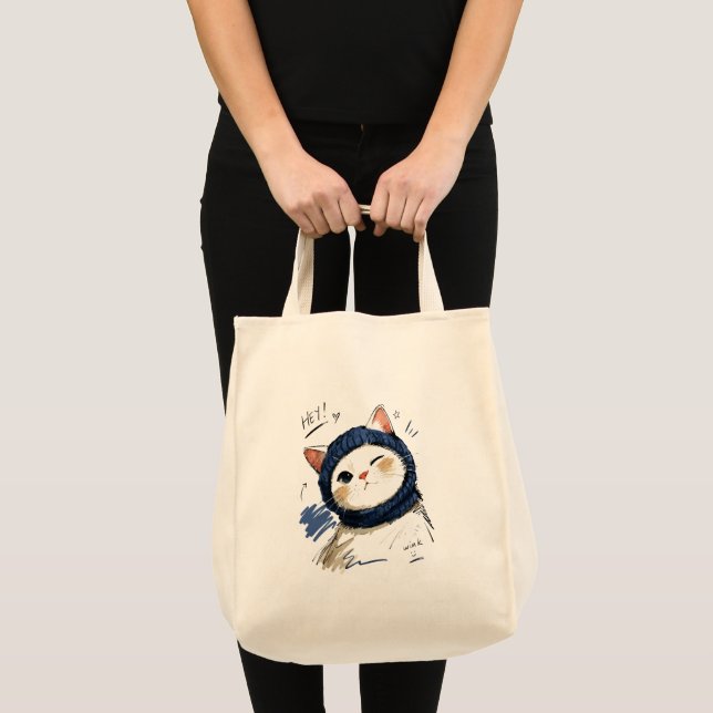 Tote Bag Chat clignant avec une écharpe tricotée confortabl (Devant (produit))