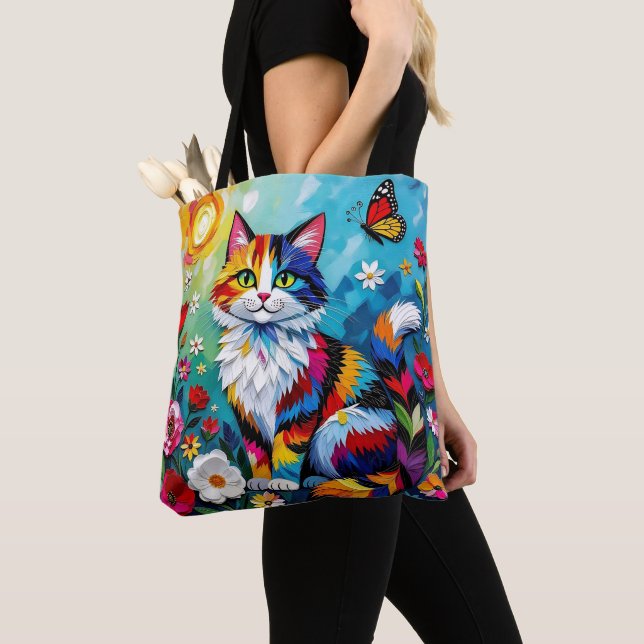 Tote Bag Chat coloré et papillon (De près)
