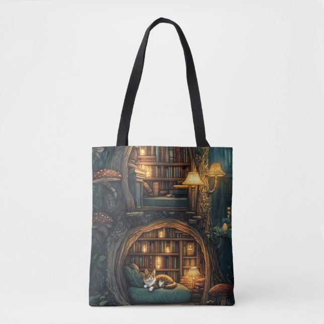 Tote Bag Chat confortable dans une bibliothèque Magique Tre (Devant)