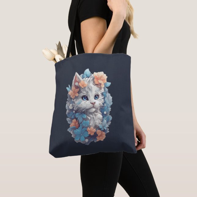 Tote Bag Chat Cute Blanc Floral Kitty (De près)