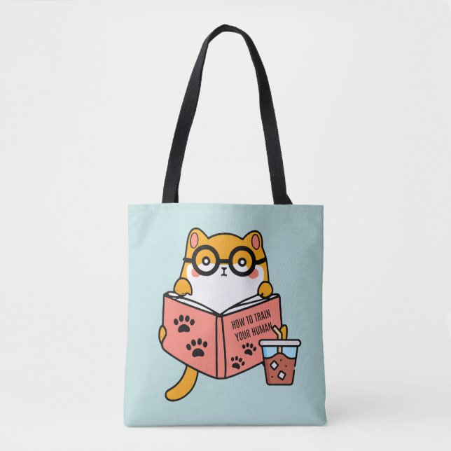 Tote Bag Chat Cute Kawaii lisant un livre (Devant)
