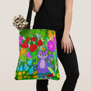 Tote Bag Chat dans Jardin Fleurs d'Imaginaire Papillons Lad