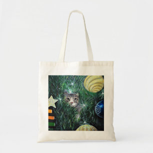 Tote Bag Chat dans la peinture de l'arbre de Noël