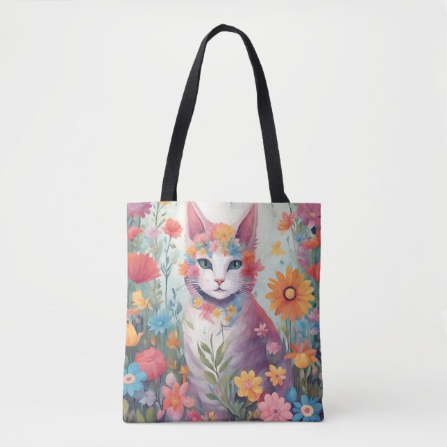 Tote Bag Chat dans le jardin des fleurs (Devant)